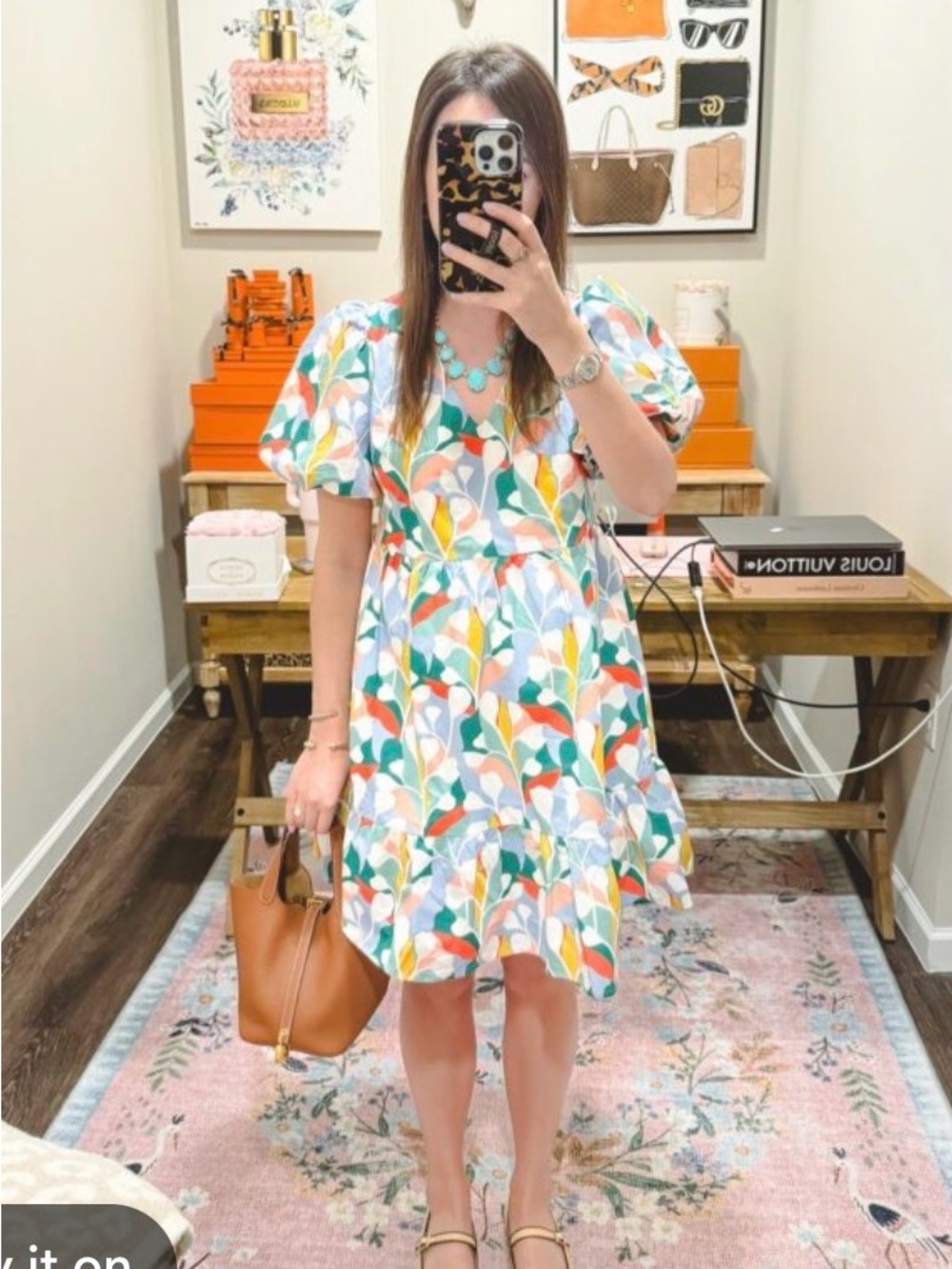 Aura Printed Puff-Sleeve V-Neck Dress in Multi-Color Size XS NWT